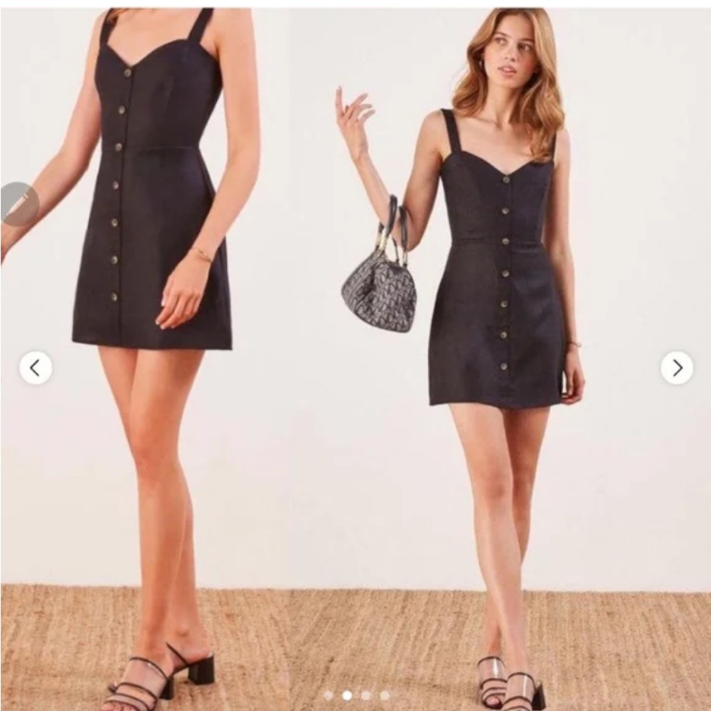 Reformation Finn chic Black linen classic minimalist Button-Down Dress 6